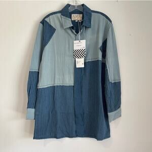 NWT Free People x Sandrine Rose Patchwork Striped Button-Up Shirt, Blue, Small